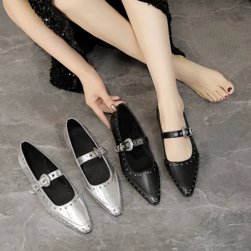 Eleganti Ballerine Mary Jane con Rivetti, Scarpe Slip-On a Punta con Borchie Metalliche, Scarpe Estive Casual, Mocassini Comodi da Passeggio per Streetwear Elegante