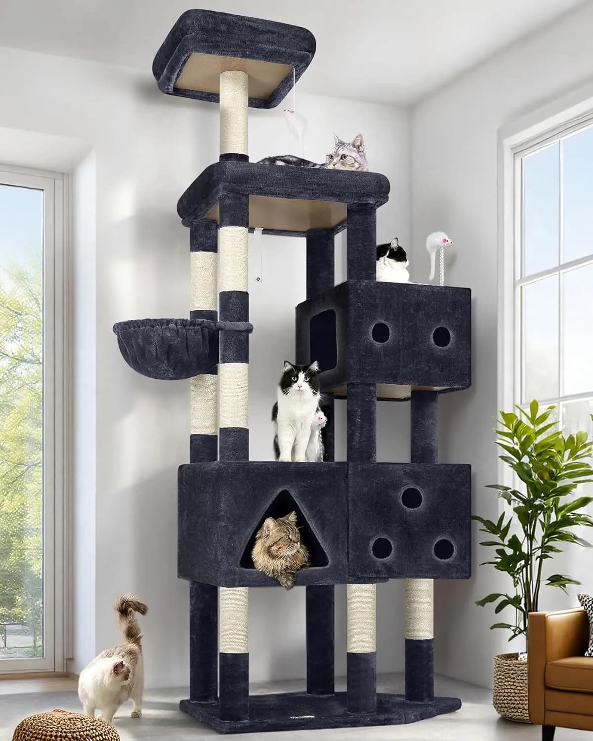 Torre per Gatti Extra Large da 81 Pollici per Gatti di Grandi Dimensioni fino a 9 kg, Albero per Gatti Resistente con 3 Casette, 8 Posti per Tirare, Grigio Scuro