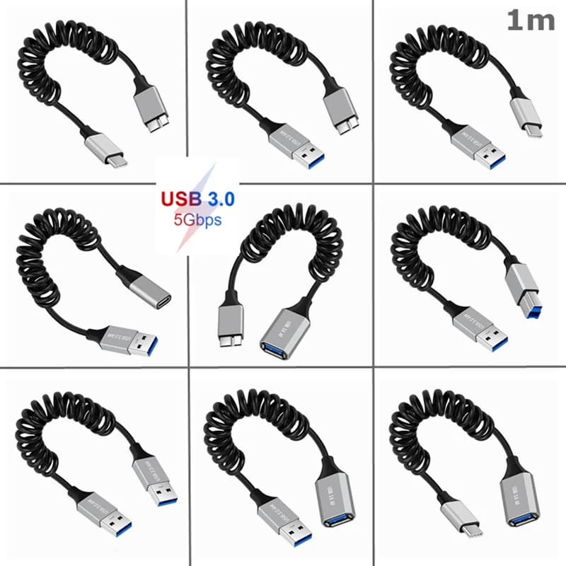 High Speed Coiled Cable 5Gbps USB 3.0 Type A Type B Type C Micro B Male Female OTG Spring Cable