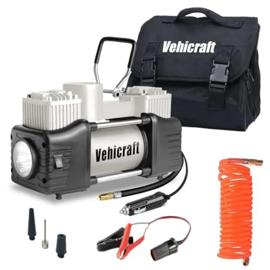 Compressore d'aria portatile per pneumatici, gonfiatore per auto a doppio cilindro per impieghi gravosi, pompa 12V con LED di emergenza