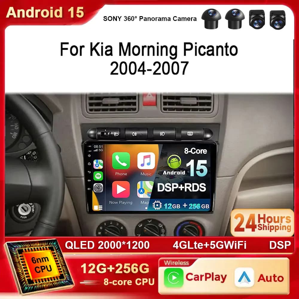Android 15 Carplay Auto Multimediale Per Kia Morning Picanto 2004-2007 2K Radio Stereo WIFI Navigazione GPS WIFI 4G BT DSP DVD