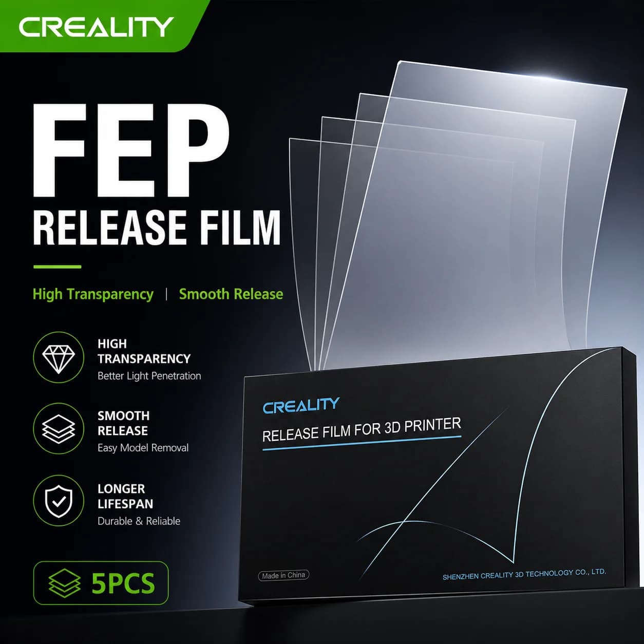 Creality 5 Pezzi Pellicole FEP per Stampanti 3D HALOT MAGE, HALOT MAGE Pro e Altre Stampanti LCD SLA DLP da 10 Pollici, 286x198x0.15mm