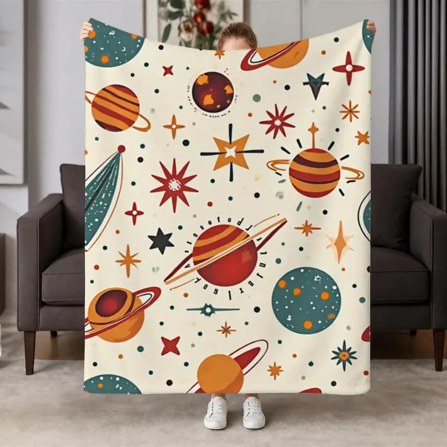 Retro-Futuristic Cosmic Weighted Throw Blanket - Soft Flannel Suitable for Couch, Bed, Travel | Stylized Planets & Stars | Machine Washable Warm Bedspread for &, Decor Gift | - Cozy Blanket, 2D Flat