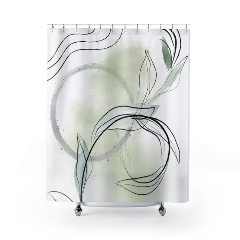 Tenda da doccia Boho | Abstract Artsy, floreale verde salvia nero bianco | Arte moderna unica, arredamento da bagno minimalista pastello