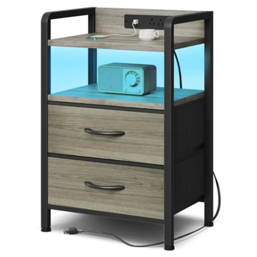 Night Stand Bedside Charger Bedroom - Grey Nightstand with Charging Station and LED Light Strip Morden End Table with USB Ports
