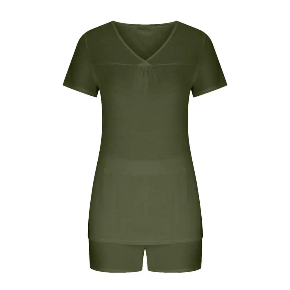 2 Pcs/Set Women Summer Pajamas Suit V Neck Short Sleeve Sleepwear Set Homewear Top Shorts Set Loose Shorts Set Casual Sport Outf