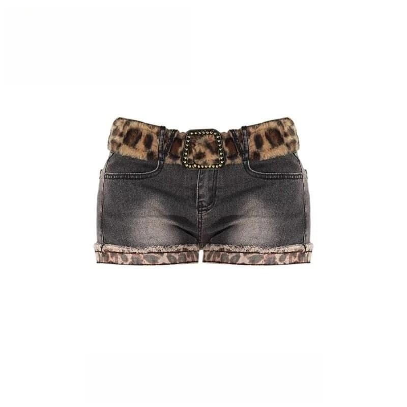 Women's Sexy Retro American Short Jeans With Leoped Print Pattern Vintage Patchwork Solid Color Summer Hinge Fitting Low Waist