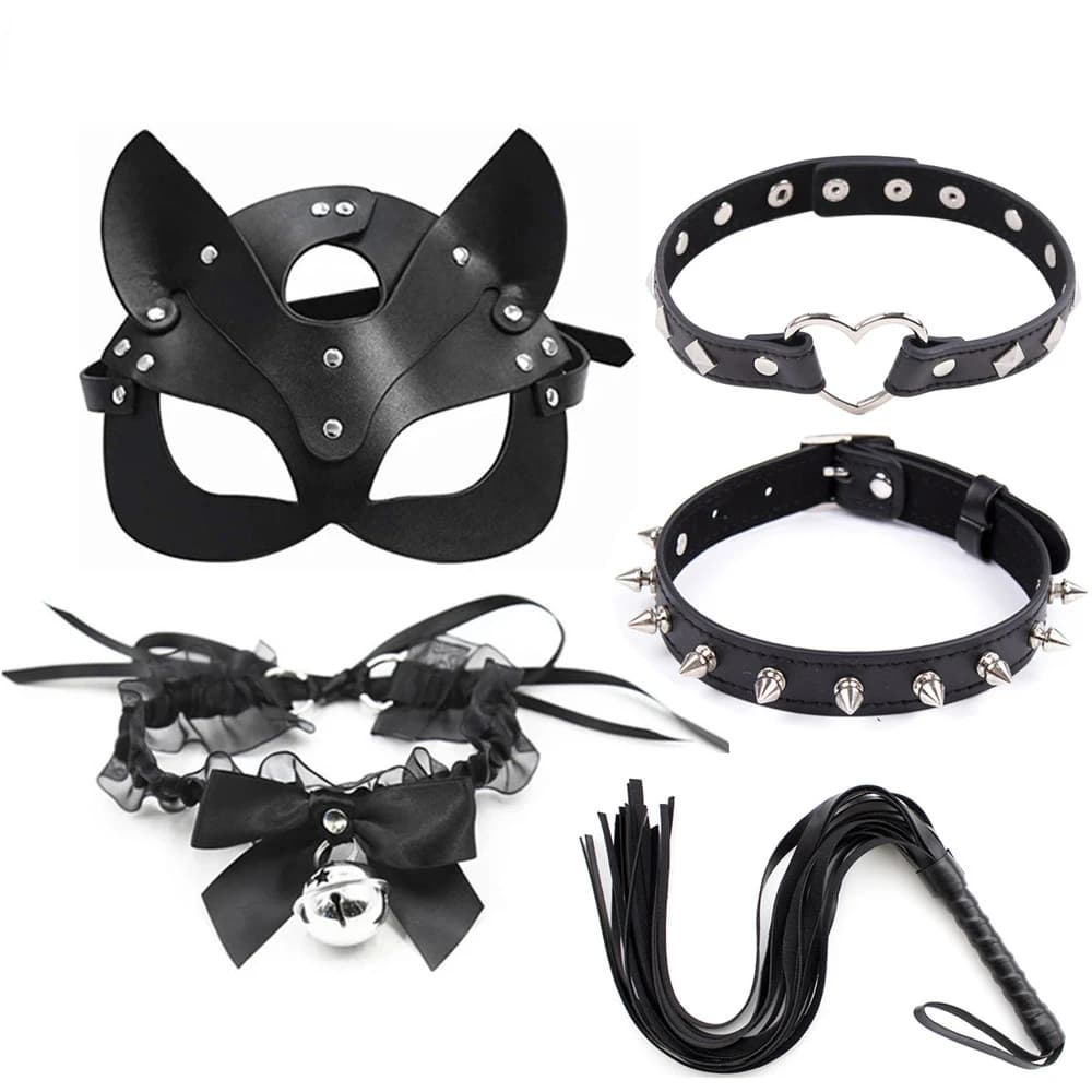 Costumi Sexy Bdsm Bondage pelle maschera per gatti accessori collo collare frusta bocca Gag flirtare giocattoli erotici del sesso per uomo donna 18