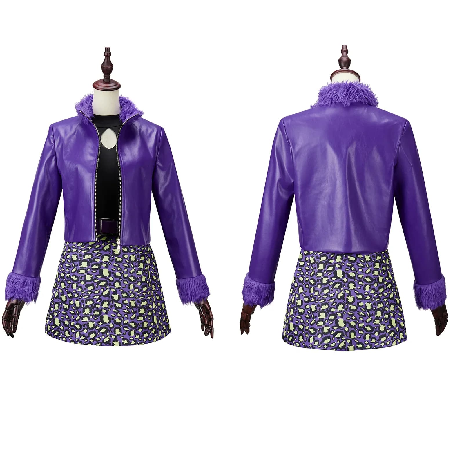 Costume Cosplay Wolf Sister, Giacca in Pelle PU Viola con Cintura e Gonna Stampa Leopardata per Donna, Outfit per Halloween e Carnevale