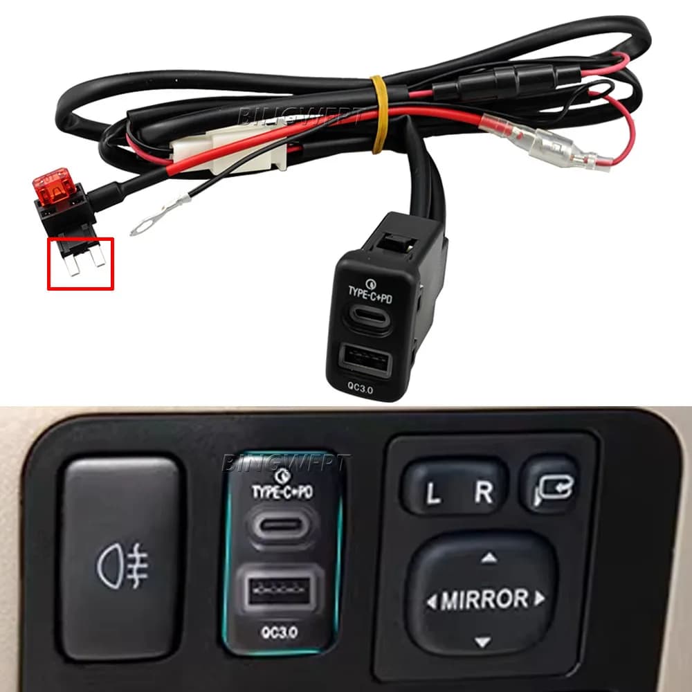 For Toyota FJ Cruiser 2007-2014 Hilux Fortuner 2005‑2014 QC3.0 Type‑C Fast Car USB Charger Socket Red LED Backlight With Fuse
