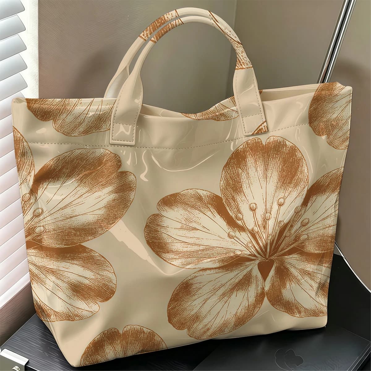 Tan Floral Line Art Stylish Large Glossy PVC Tote Bag Washable Waterproof Durable Ideal for Travel Commute Cosmetics Handbags