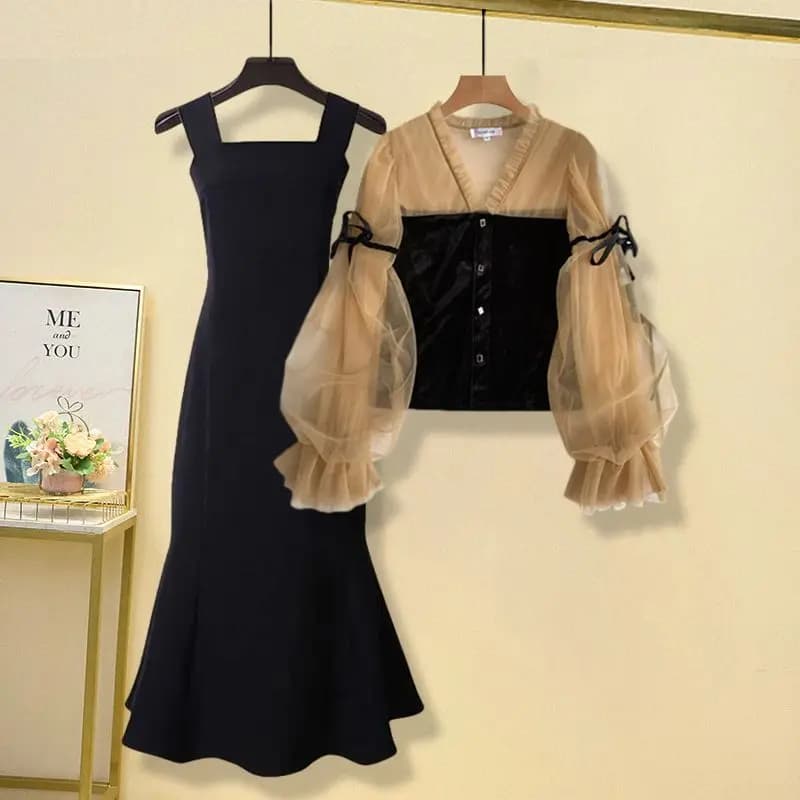Spring New Retro High-End Feeling Women's Bubble Sleeve Top Tea Break Strap Dress Elegant Style Korean Version Commute Dress