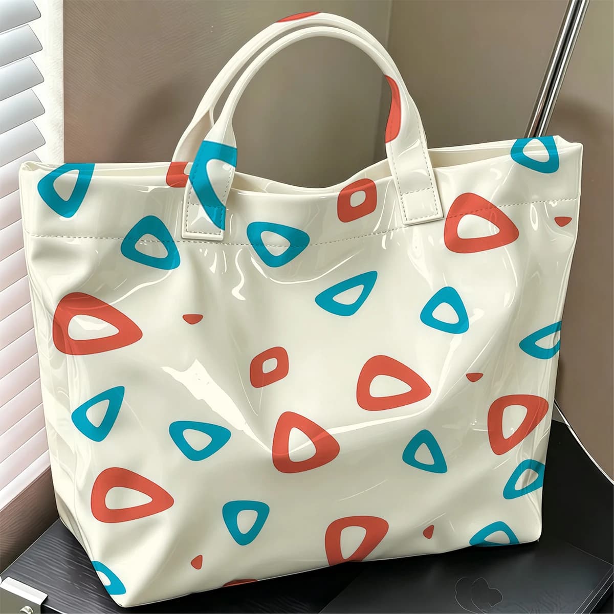Geometric Triangle Doodle Hot Sale Large Glossy PVC Tote Bag Hand Washable Waterproof for Travel Commute Makeup Storage Handbags