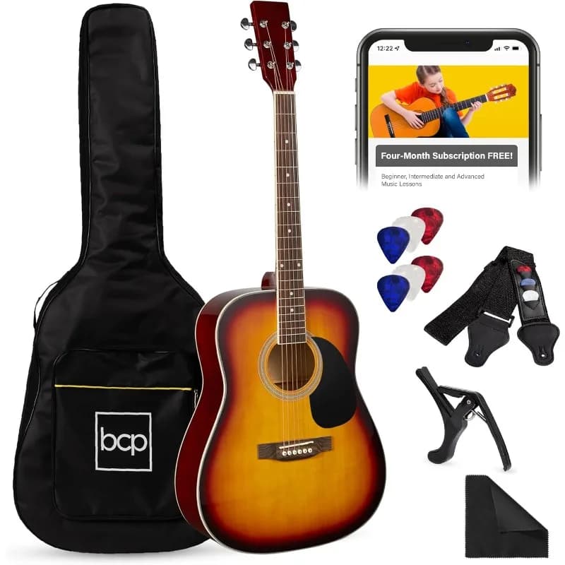 Best Choice Products Set per principianti per chitarra acustica interamente in legno da 41 pollici per principianti con borsa per gomme, tracolla, borsetta, corde, plettri - Sunburst