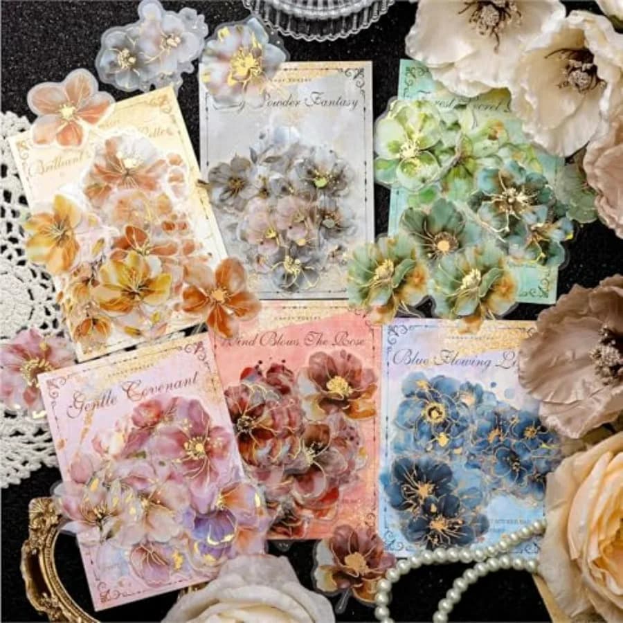 120PCS Watercolor Flowers Scrapbook Stickers Kit Pressed Flower PET Transparent Waterproof Stickers Set for Junk Journal Journa
