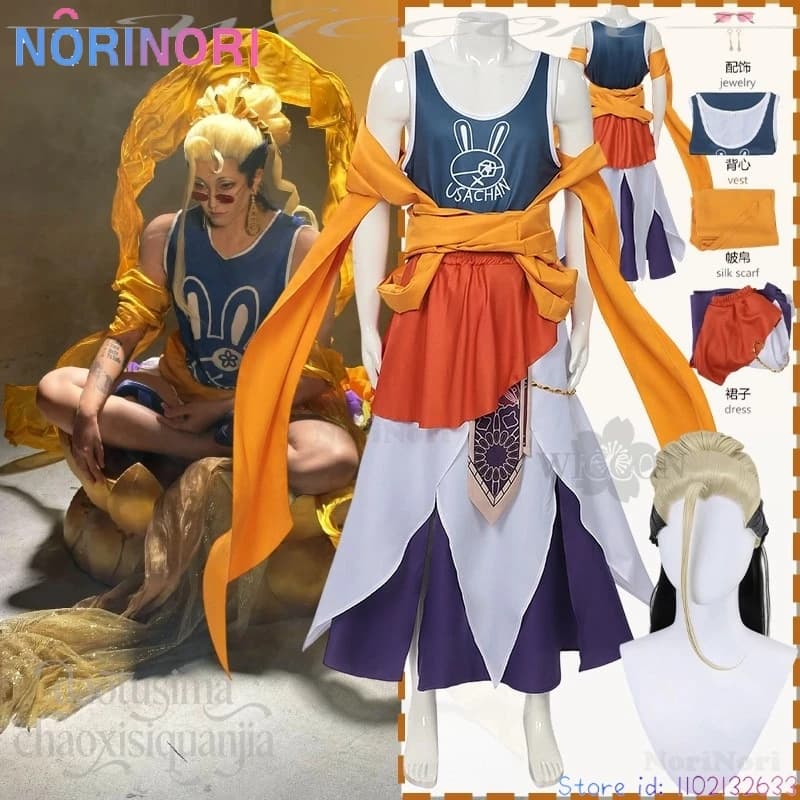 Costume Cosplay Anime Ragnarokk Buddha Shaka, Clothing Retro Mythological, Vest, Orange Scarf, Sunglasses, Earrings, Wigs for Halloween