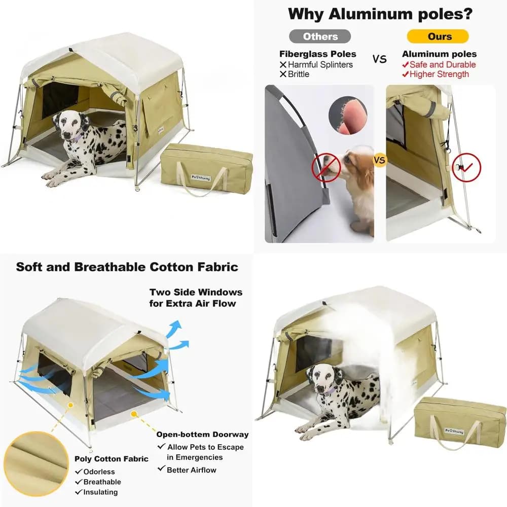 Tenda per Cani in Cotone con Pali, Resistente alle Intemperie, Traspirante, 2 Finestre Laterali, Portatile e Pieghevole, Verde, Grande