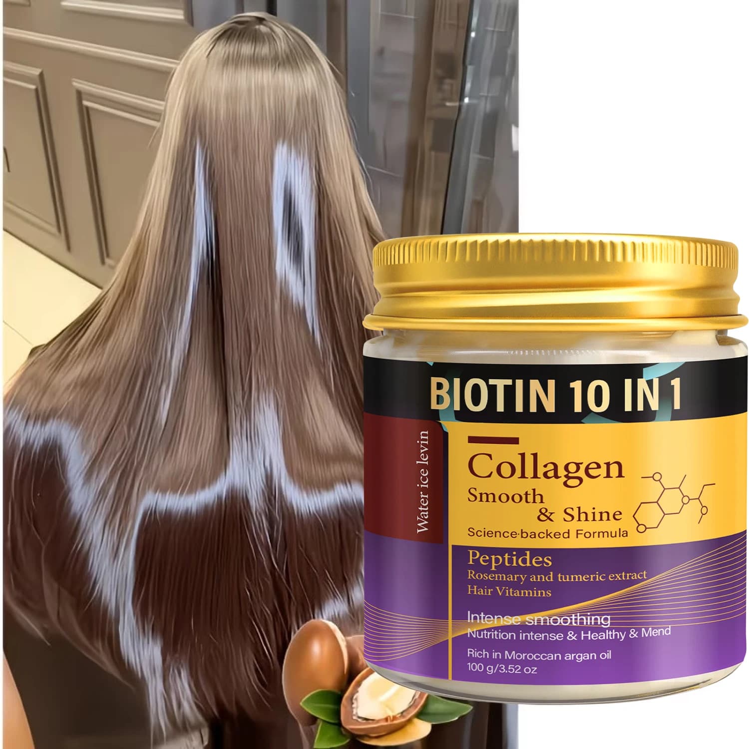Maschera per Capelli alla Biotina e Cheratina con Collagene e Olio di Argan, Riparazione Intensa e Lisciante per Capelli Secchi e Danneggiati, Lucentezza Sana 100g