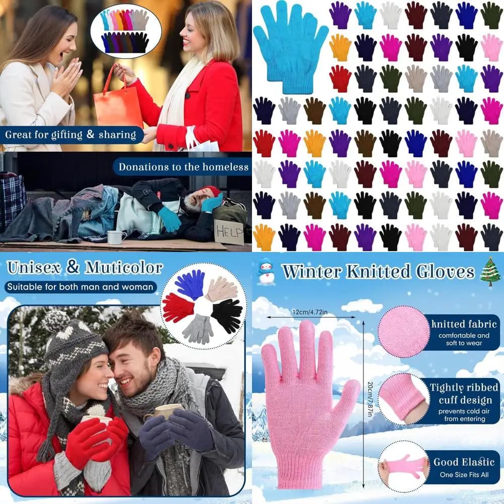 Confezione da 100 guanti in maglia calda per l'inverno - Guanti elasticizzati sfusi per uomo e donna - Ideale per donazioni di beneficenza