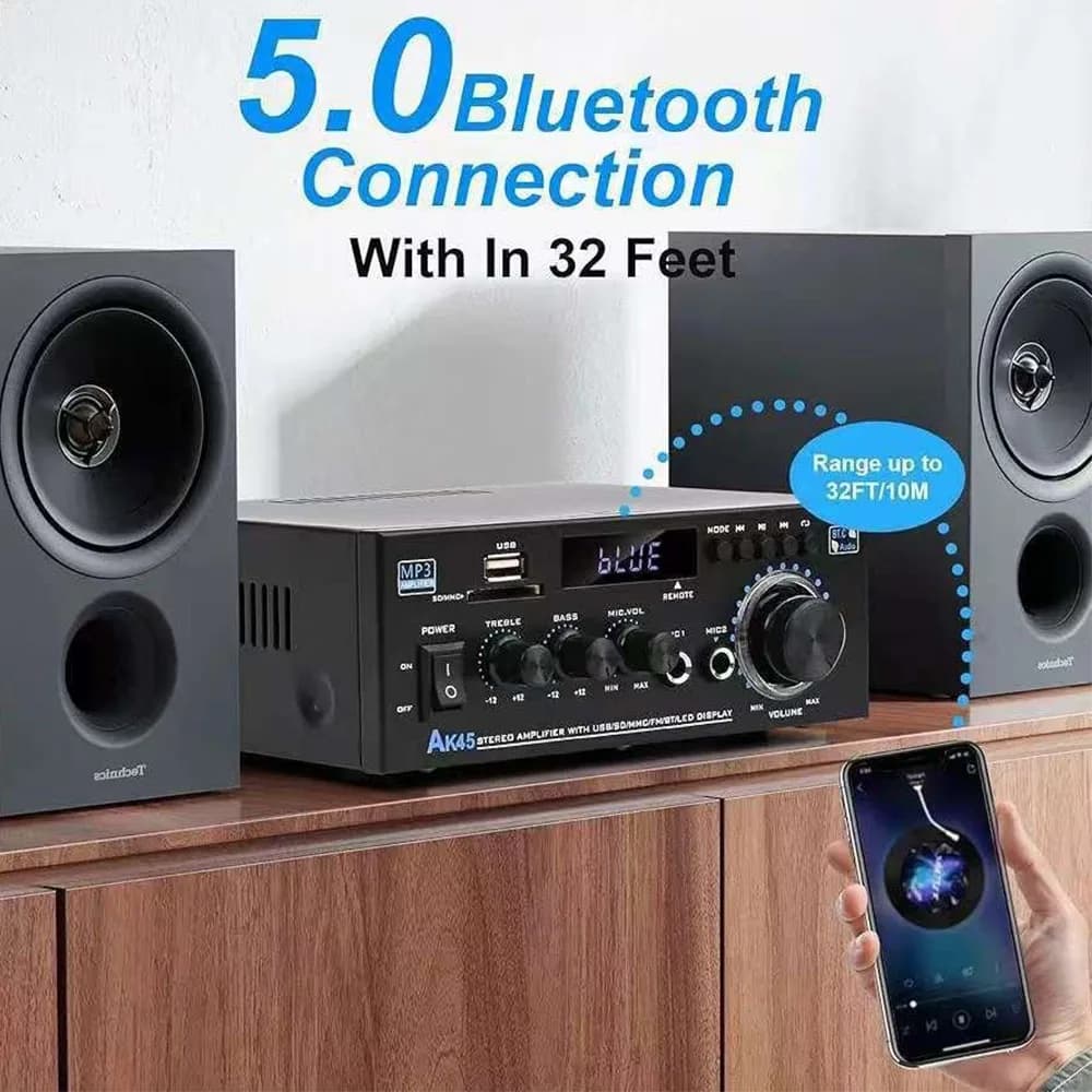 AK45 HiFi Digital Power Amplifier 2.0CH Max 800W Bluetooth 5.0 MP3 Player Mic Input Remote Control for Home Car Speakers