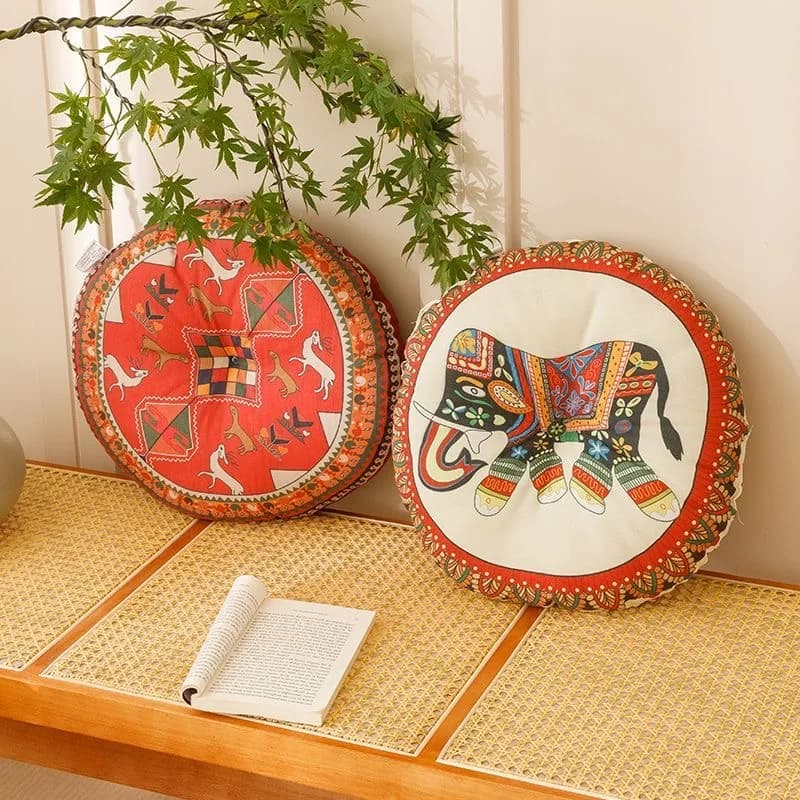 Cuscino per sedia in cotone e lino Bohemia, cuscino rotondo geometrico in cotone e canapa, tappetino da yoga e meditazione, cuscino per divano.