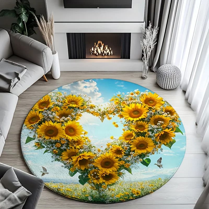 Prodotto: Tappetino rotondo con stampa di girasoli a forma di cuore, cuscino da meditazione in flanella per yoga, adatto per interni, ingresso, soggiorno