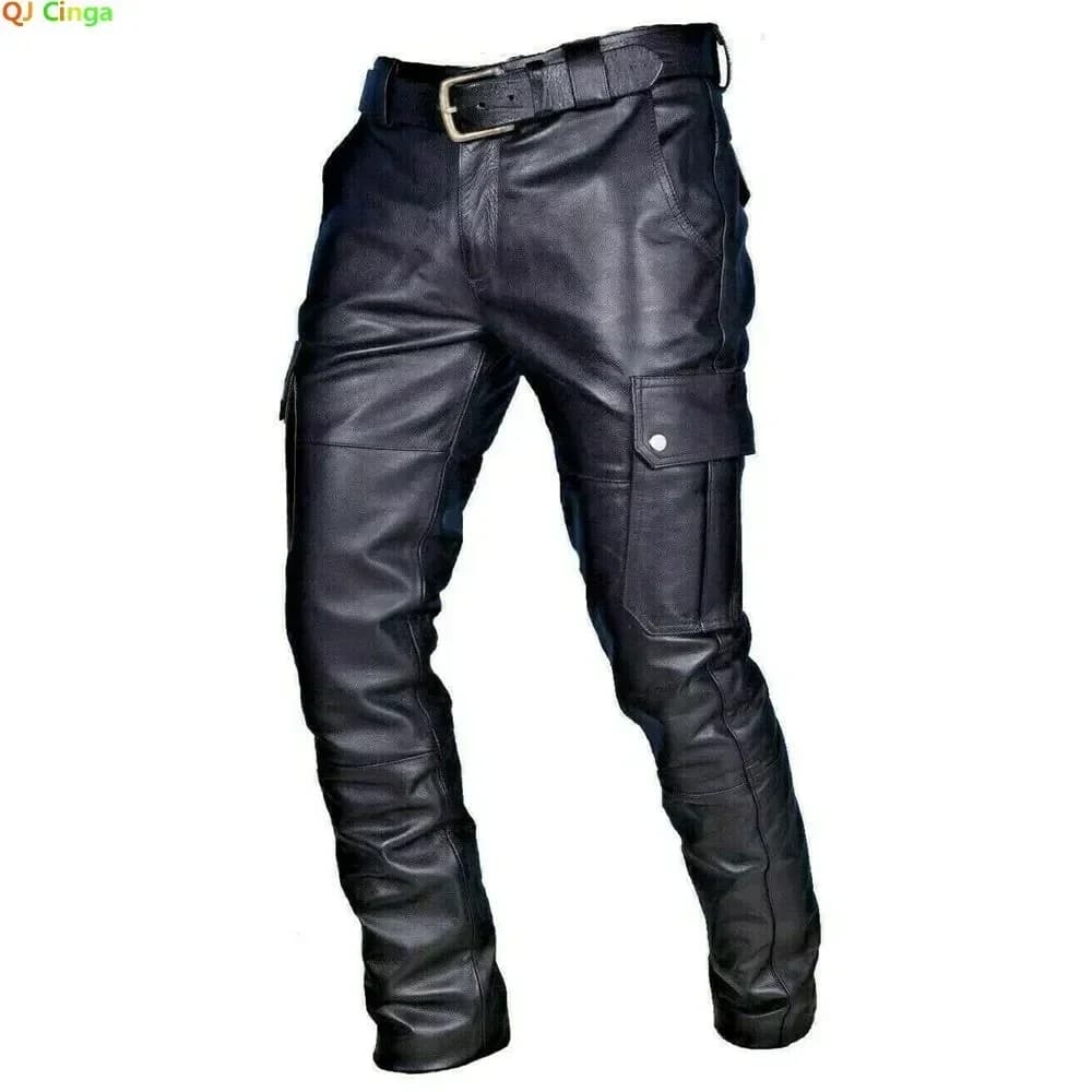 Men's Leather Motorcycle Pants with Cargo Pockets, Black, PU Pants No Belt, Men Trousers Big Size S-5XL