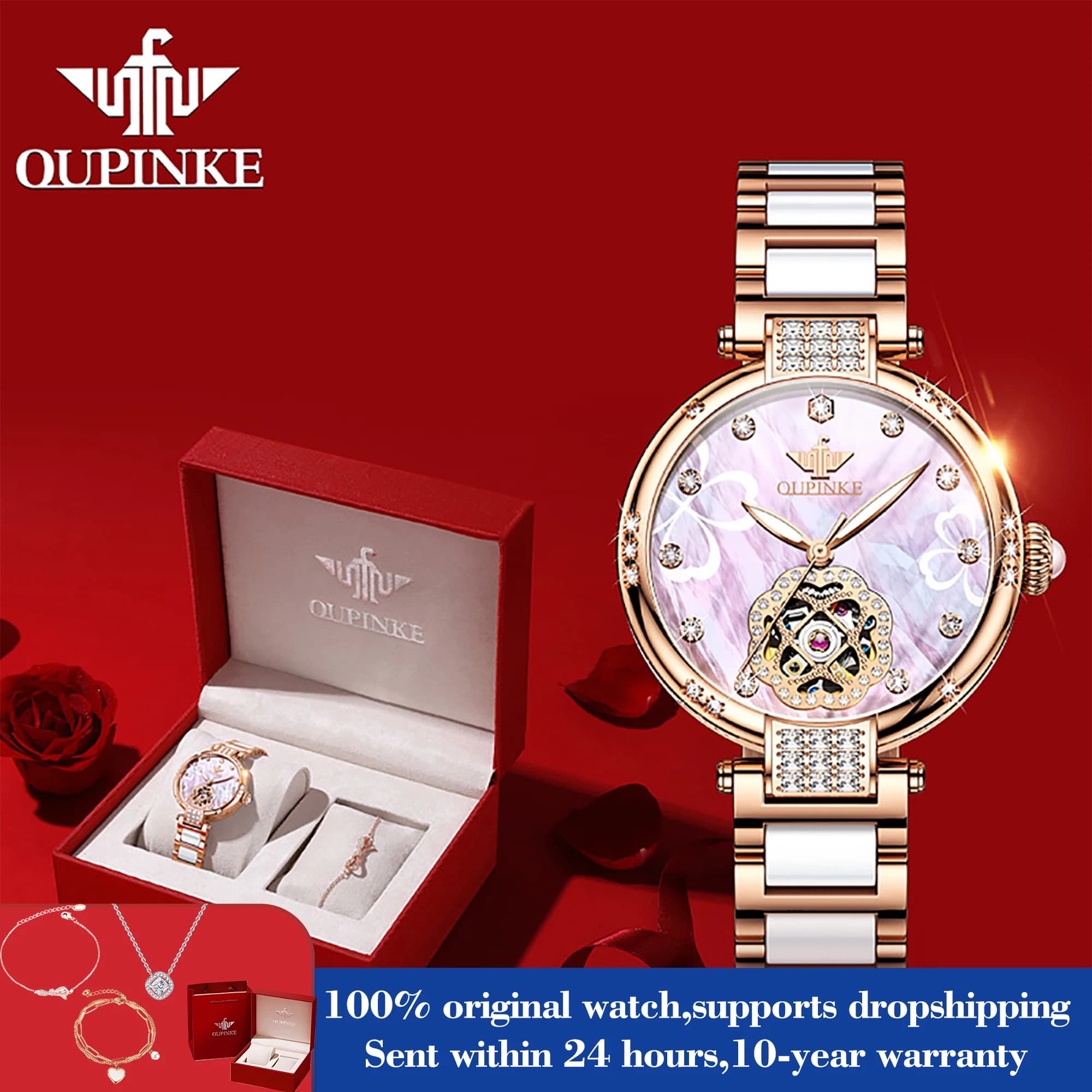OUPINKE 3183 Women Automatic Watch Diamond Scale Mechanical Watch For Women Waterproof Hollow Luxury Elegant Ladies Hand Clock