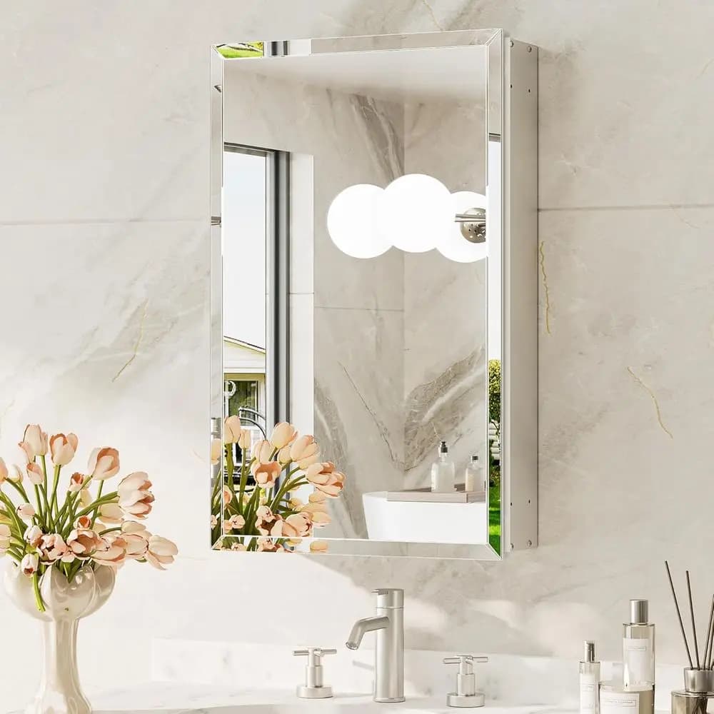 14 x 24 Medicine Cabinet with Mirror, Assembly Required, Silver Reced Bathroom Medicine Cabinet with Tempered Beveled Mirror, St