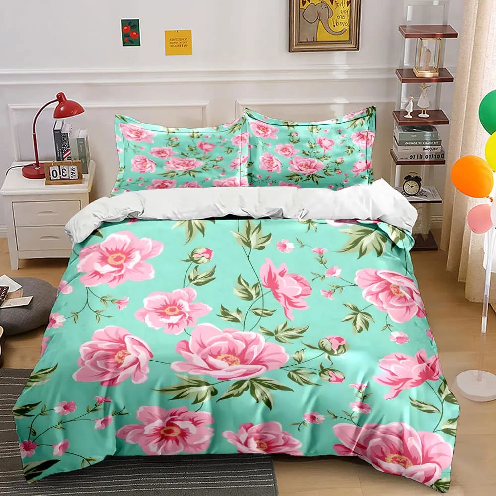 Pink Floral Vines on Green Background Print Bedding Set 1 Duvet Cover 2 Pillowcases for Adult and Children Luxury Gift Full Size