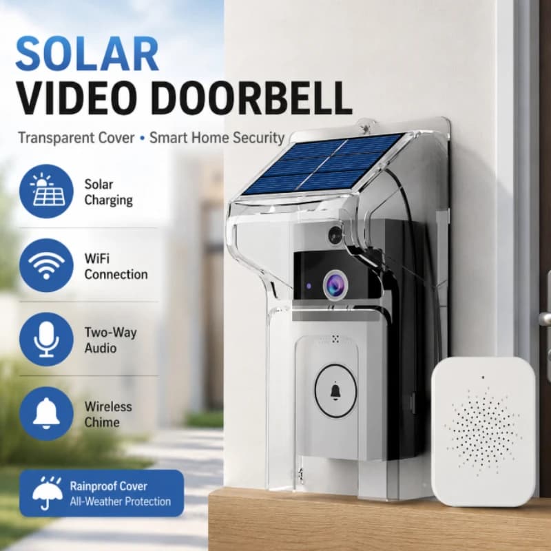 Solar Powered WiFi Video Doorbell with Transparent Rainproof Cover Wireless Home Door Bell Chime Two‑Way Audio Security Device