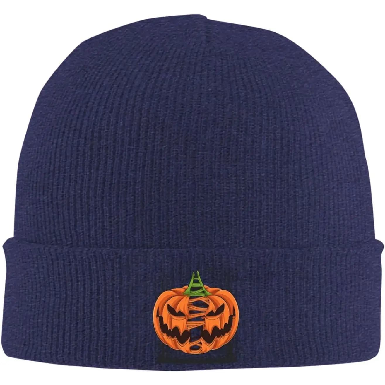 Scary Halloween Pumpkins with Trees and Bats Beanie for Men Women Winter Soft Warm Knit Cuffed Hats Skull Cap