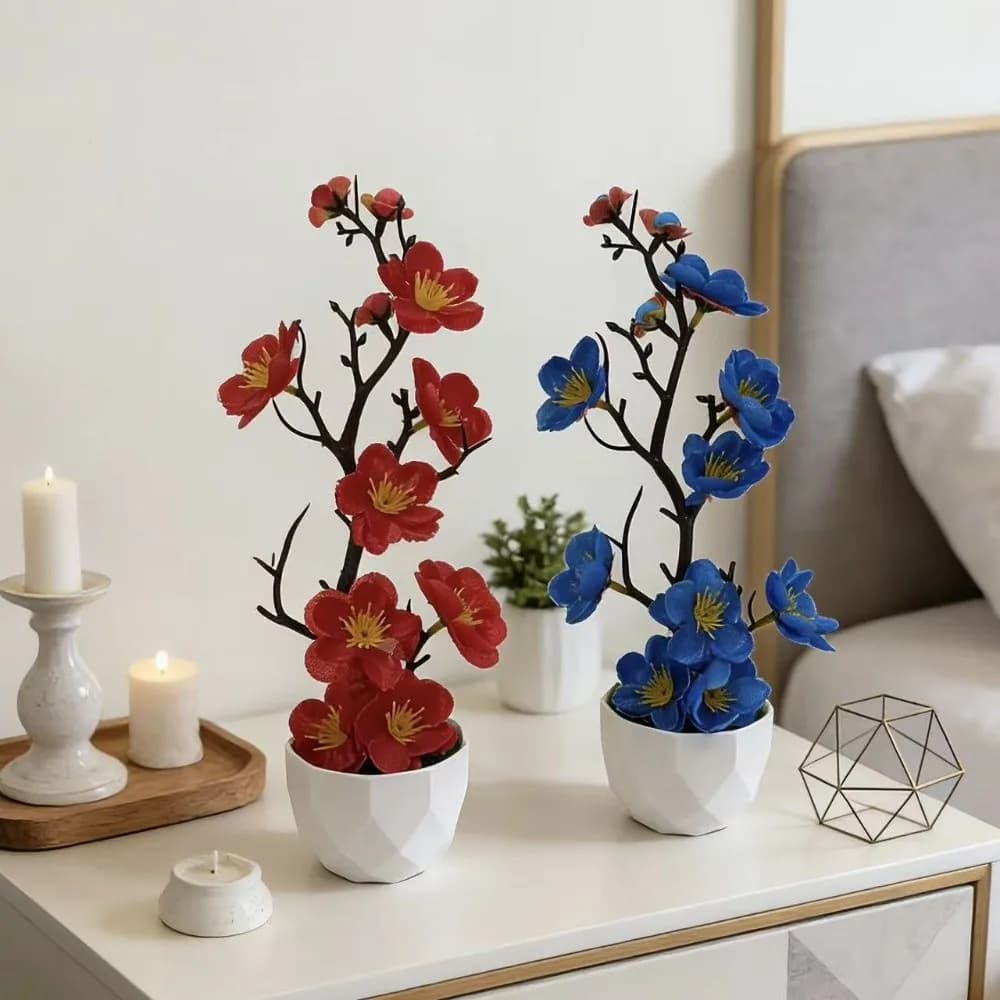 Red Artificial Plum Blossom Potted Plant Small Multi-Bloom Fake Wintersweet Flower Bonsai Plastic with White Pot