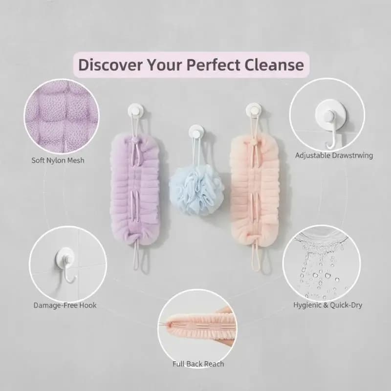2 In 1 Bath Scrub Towel Back Cleaning Brush Shower Sponge With Suction Cup Soft Mesh Hook Portable Durable Body Cleaning Tool