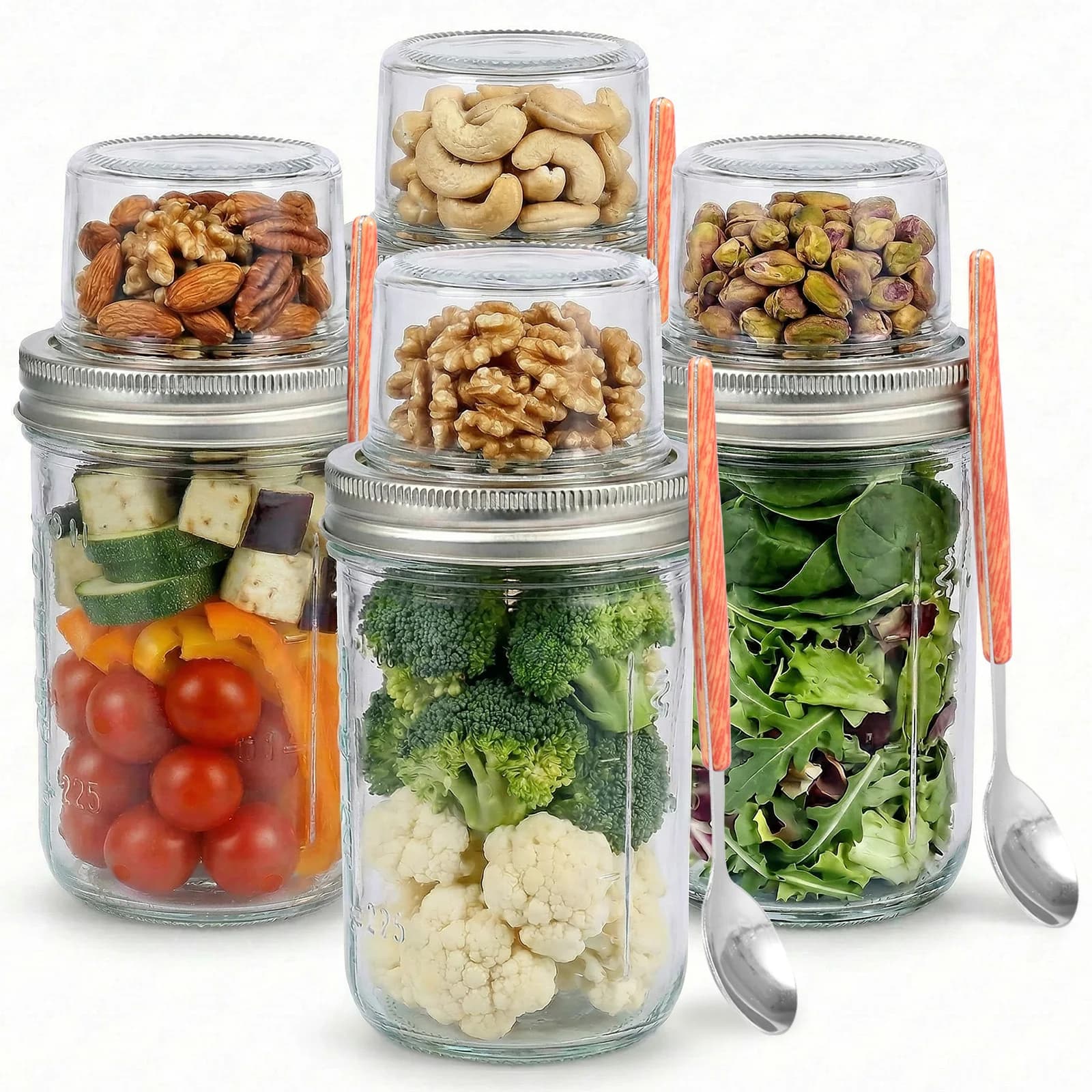 Set di 4 Contenitori per Overnight Oats con Coperchio e Cucchiaio, Barattolo a Doppio Strato per Chia Pudding con Separazione Secco/Bagnato, Coppa per Yogurt Parfait