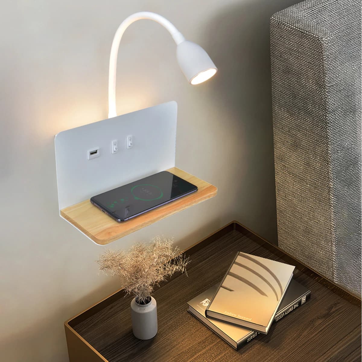 Lampada da parete a LED per interni con interfaccia USB e ricarica Wireless lampada da parete girevole moderna a 360 ° con interruttore luci notturne da comodino
