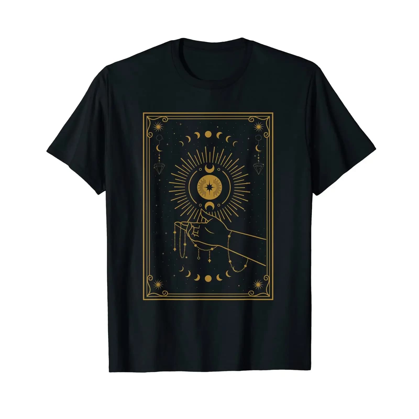 T-shirt esoterica con simbolo gotico delle fasi lunari e tarocchi, nera vintage, effetto lavato, leggermente elasticizzata, unisex, per tutti i giorni