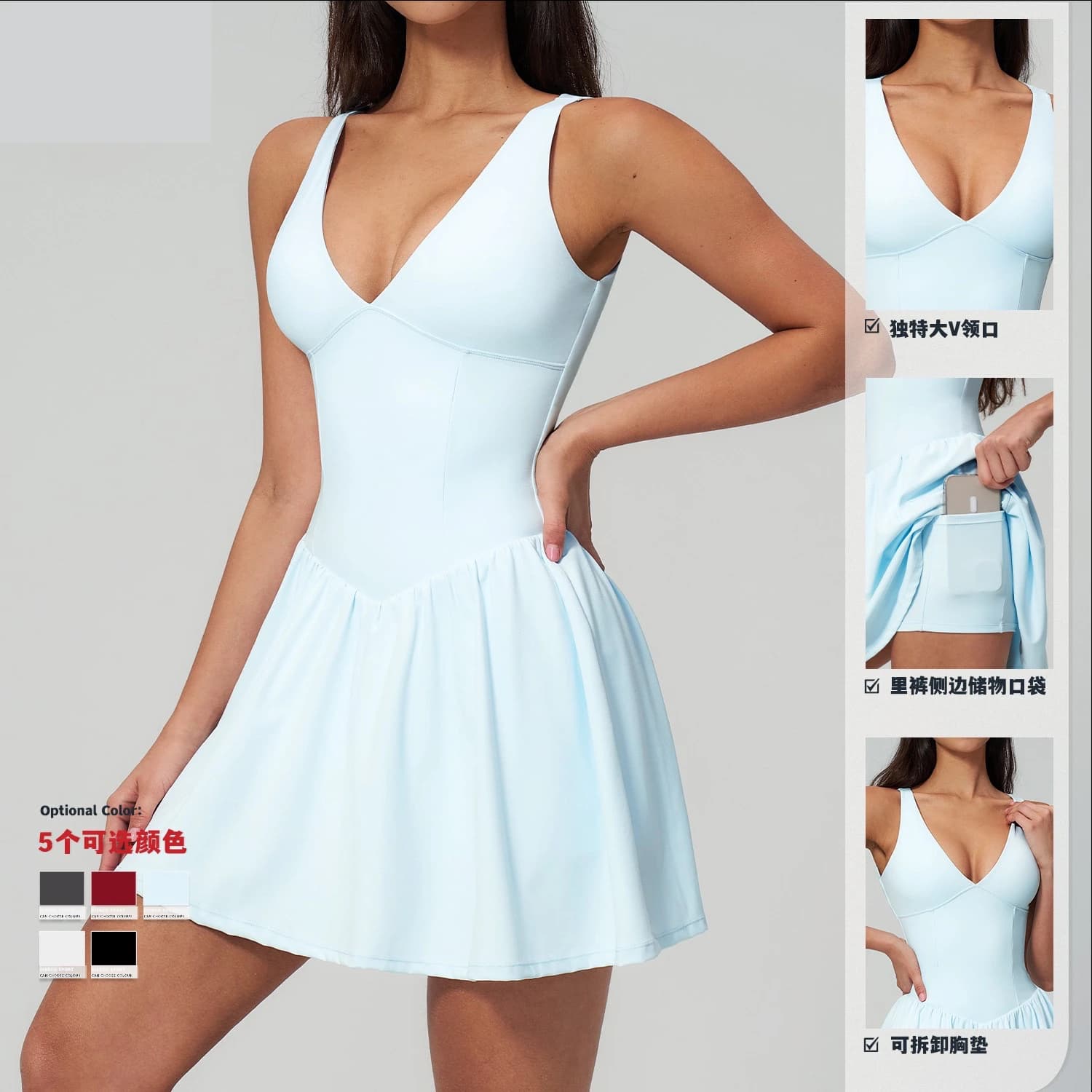 Abito da tennis da donna con pantaloncini integrati, reggiseno imbottito rimovibile, gonna sportiva per palestra, yoga, golf, allenamento