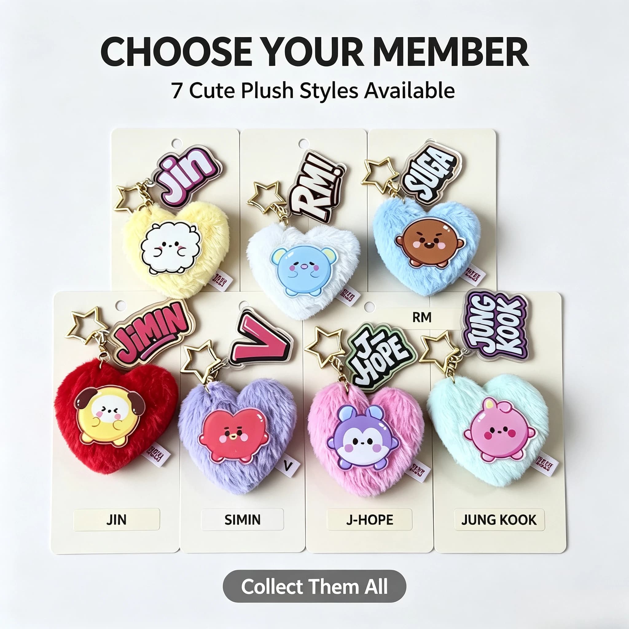 7 Cute K-pop BTS Character Fluffy Key Ring Heart Shape Backpack Bag Pendant Fans Collectible Souvenir Gif