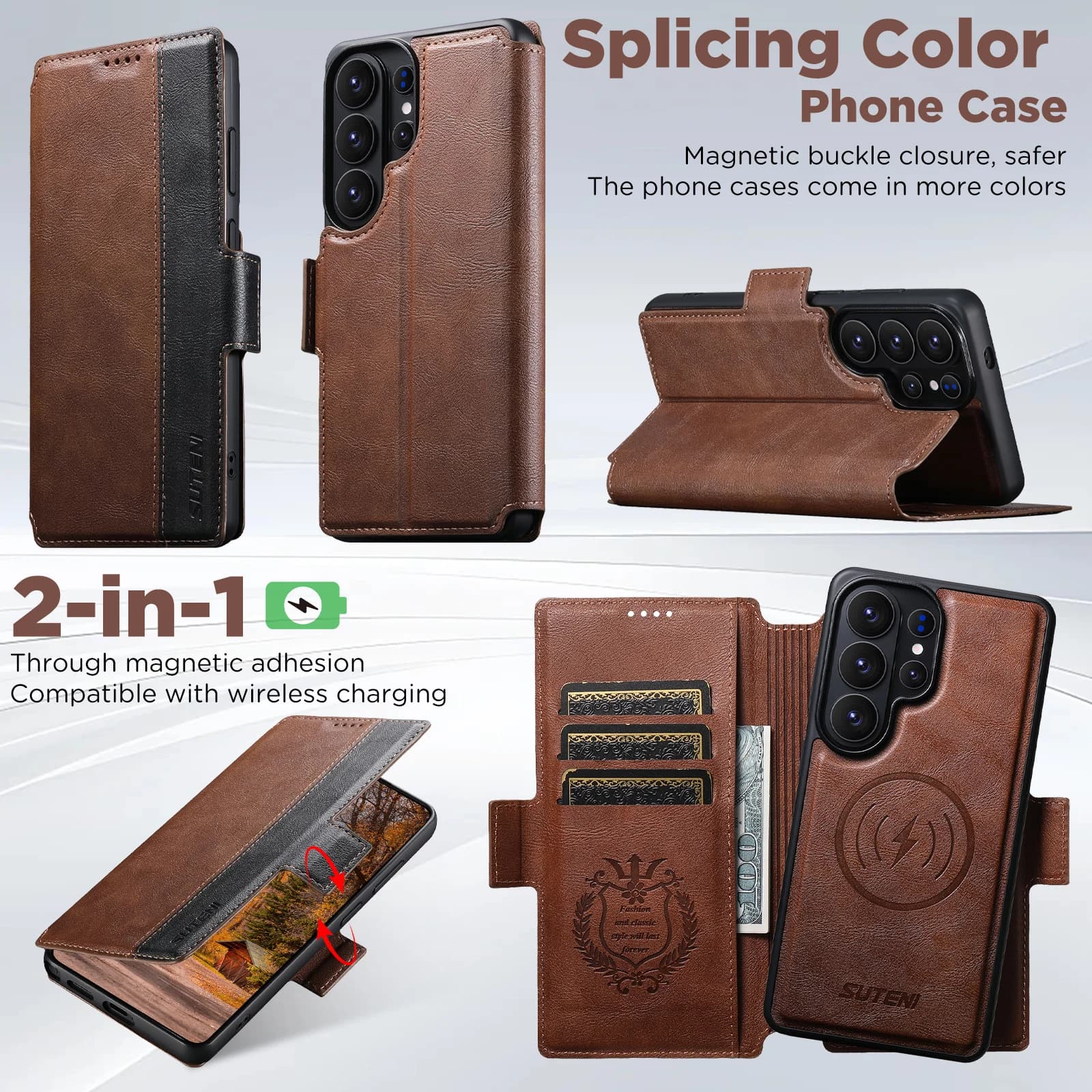 Custodia per telefono 2 in 1 staccabile in pelle bovina con blocco colore e slot magnetico per carte, compatibile con Samsung S26 S25 S24 S23 S22 Ultra MagSafe