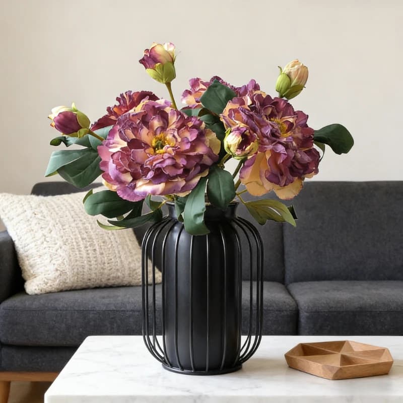 Fiore Artificiale di Peonia a Stelo Singolo con 2 Teste, 18,9 Pollici, Bordo Bruciato, Decorazione Floreale per Casa, Matrimonio, San Valentino