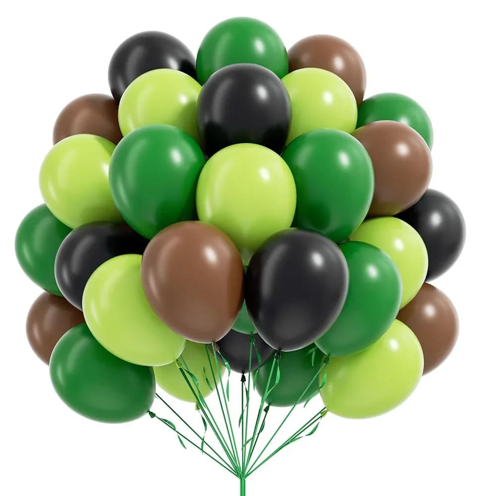 60 Green and Brown Balloons 10 Pollics with Brown Balloons, Black and Green Dark Lime for Decoration Birthday Party to Jungle Theme and Video Games