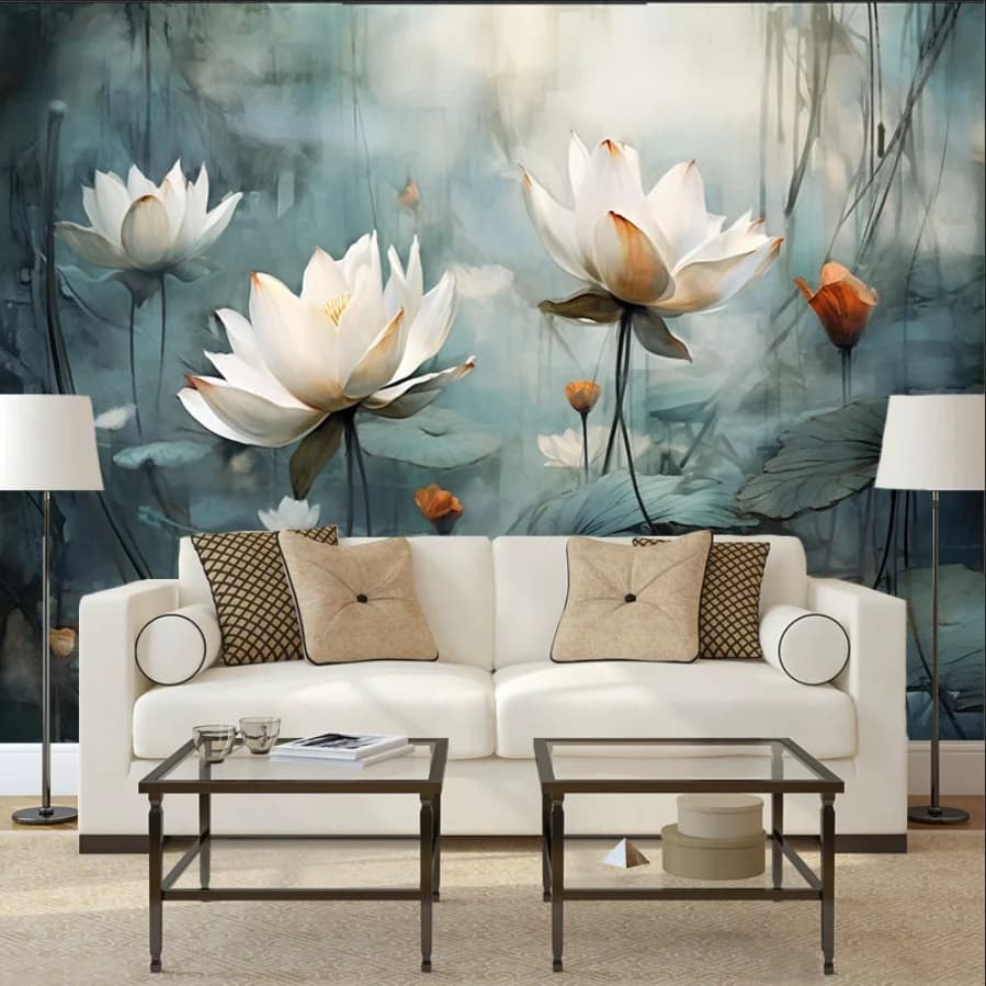 Murale di dimensioni personalizzate, dipinto a mano con effetto pittura a olio, carta da parati con fiori di loto, decorazione per la casa, sfondo per divano con foglie di loto