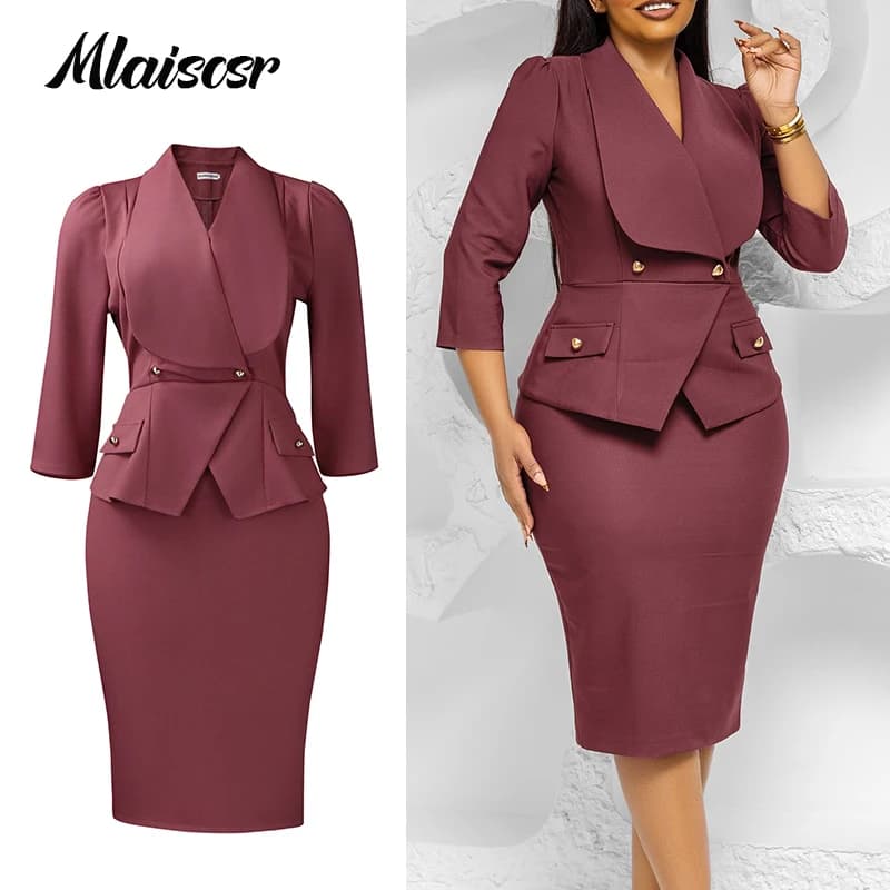 Mlaiscsr Nuovo grande colletto couverture da donna Manica 3/4 bottone Matita sottile Abito medio Autunno Inverno Office Lady Evening Party Robe