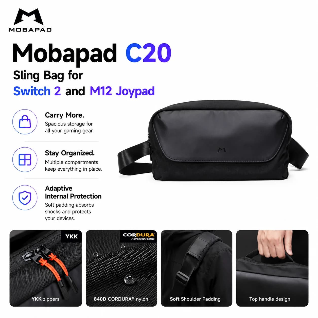 Mobapad C20 Sling Bag for Switch 2 and M12 Joypad Soft Shoulder Storage Bag with YKK Zippers Protective Case for Game Console