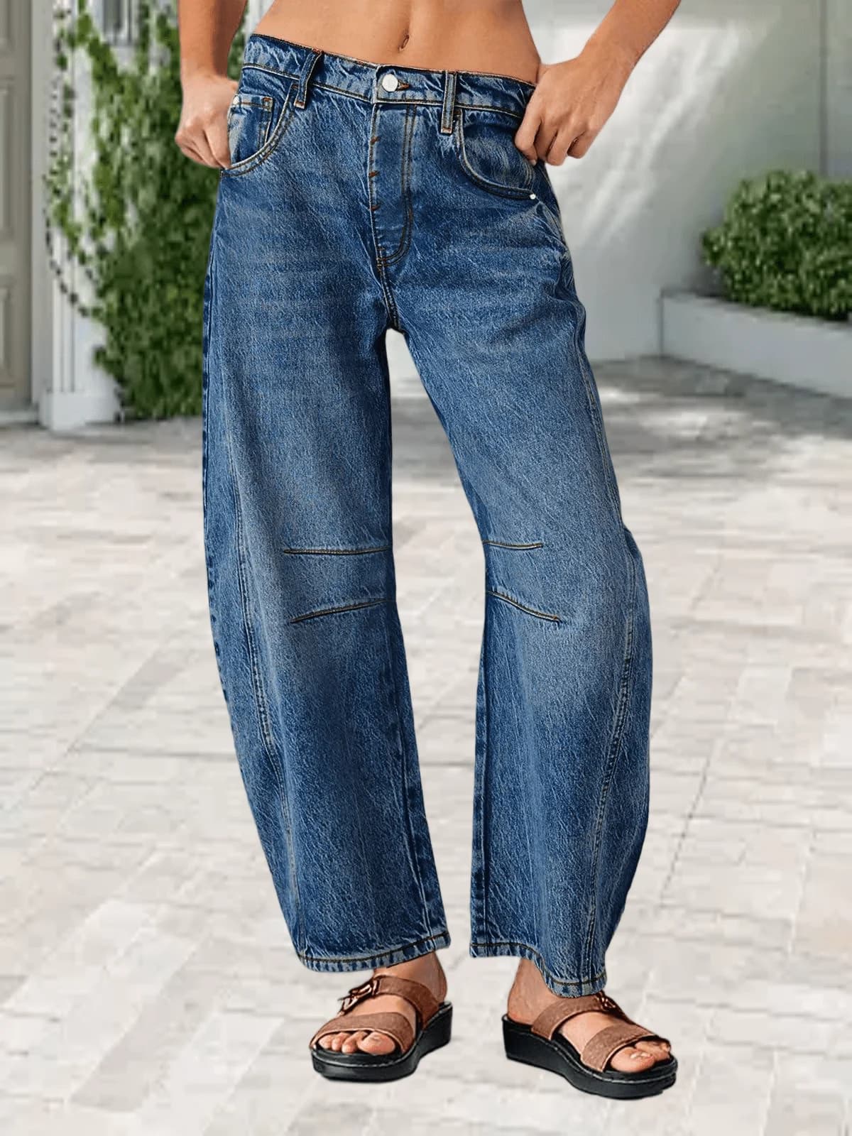 Jeans da Donna Larghi Stile Vintage Boyfriend a Gamba Larga in Denim a Vita Media Casual alla Caviglia