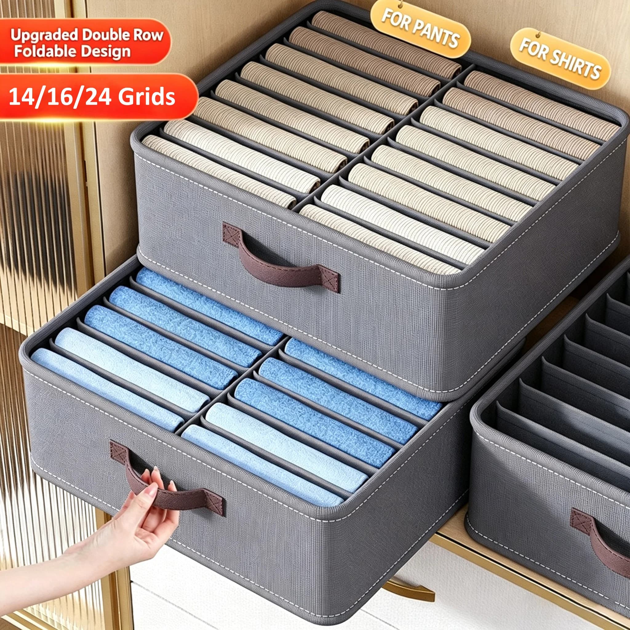 14/16/24 Grids Clothes Storage Box Large Capacity Divided Organizer Bin Compartmented Storage for Pants Shirts Wardrobe Closet