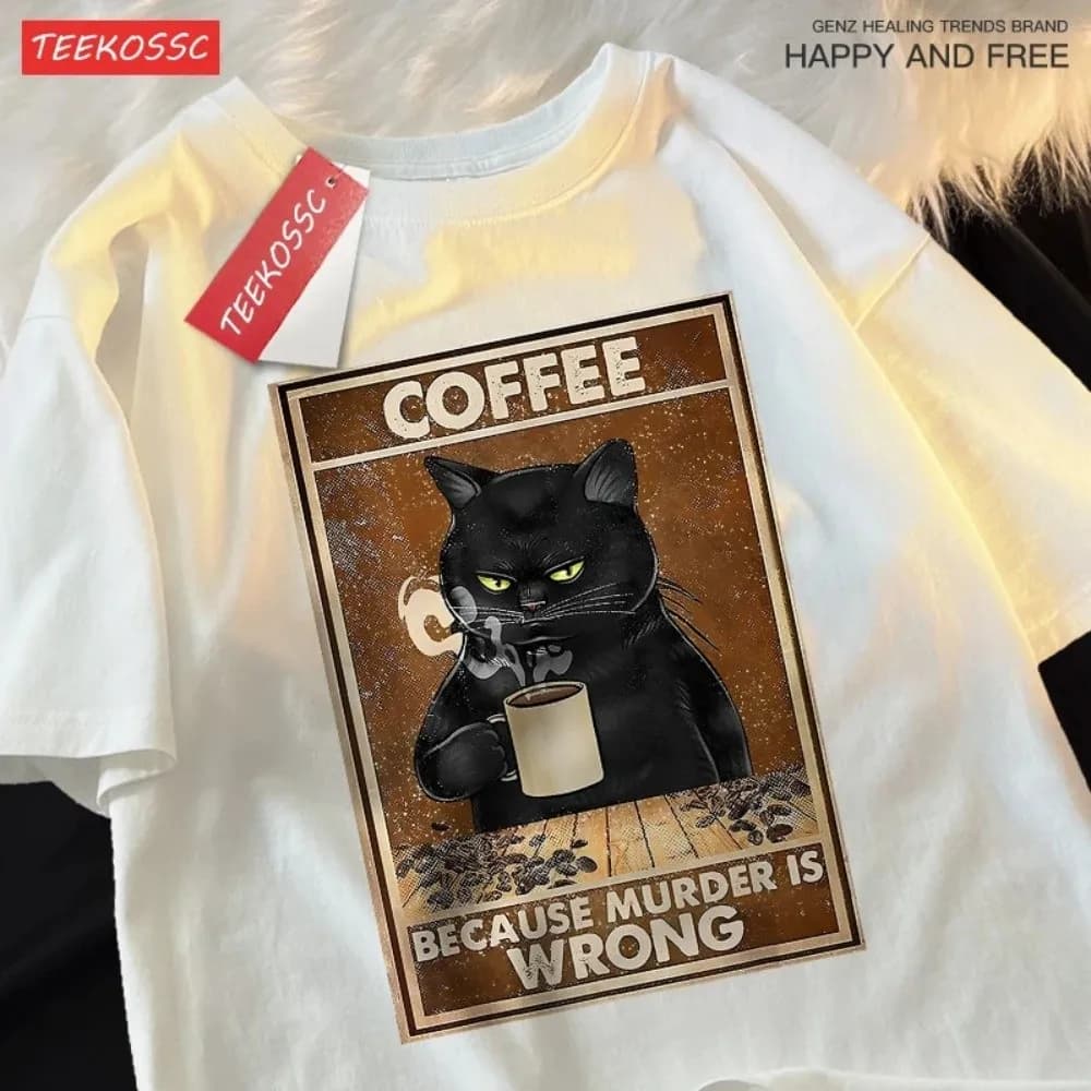 Murder Is Wrong Black Cat T Shirts Printed Oversize Coffee T-Shirt Short Sleeve Comfort Fit Pure Cotton T-shirt Daily Casual