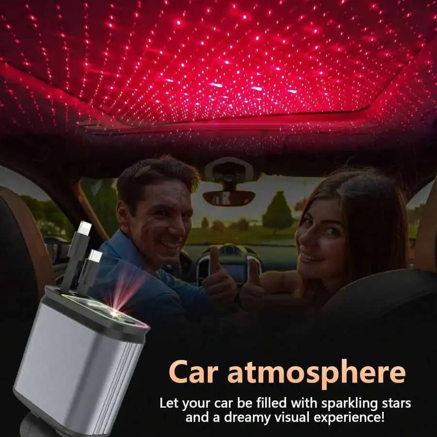 Proiettore Cielo Stellato per Auto con Caricatore Rapido 4-in-1 e Doppi Cavi Retrattili, Illuminazione Ambientale Romantica
