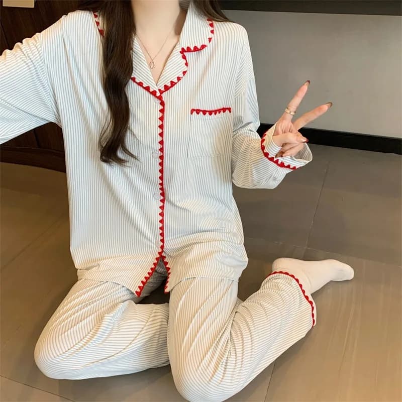 Set 2 Pezzi Pigiama da Donna a Maniche Lunghe, Cardigan Coreano a Righe, Abbigliamento Casual per Casa e Notte